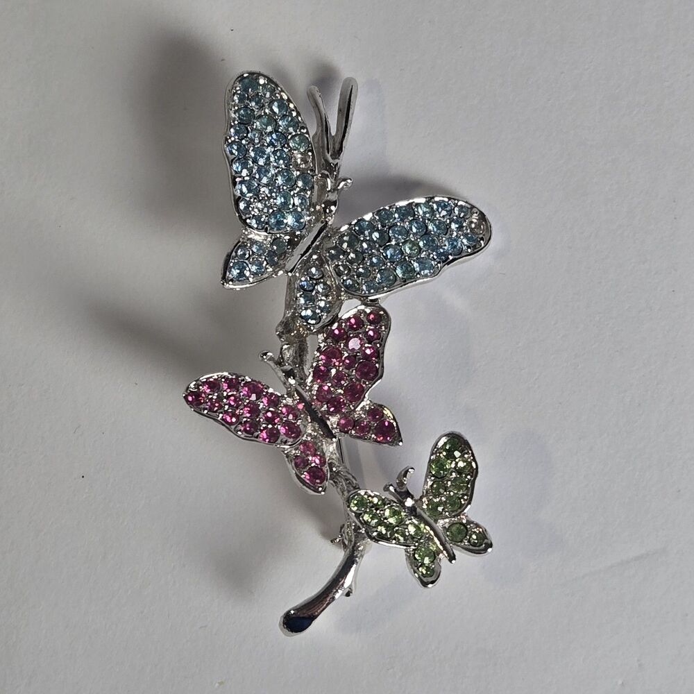 Silver Tone Triple Butterfly on Branch Brooch Pin Blue Pink Green Rhinestones